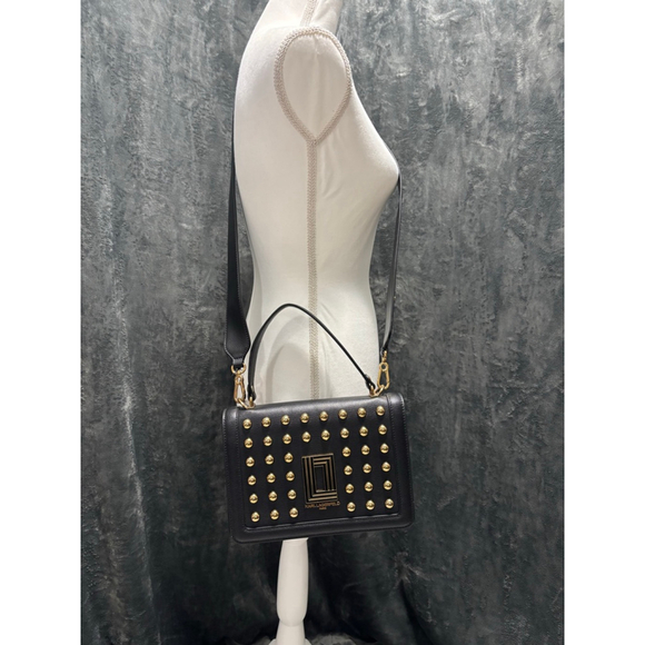NWT Karl Lagerfeld Paris Simone Top Handle Black Leather Gold Studded Crossbody - Picture 11 of 11
